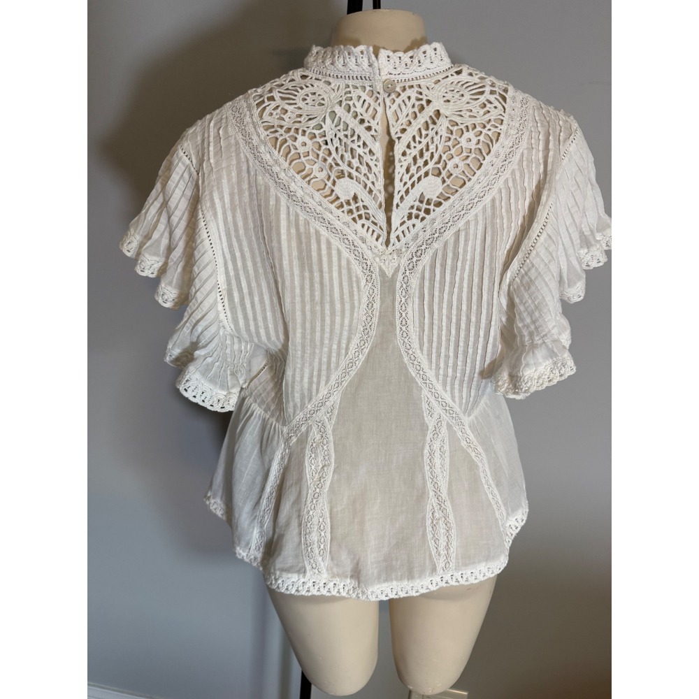 Farm Rio White Cotton Crochet Lace Pintuck Blouse Mock Neck Flutter Sleeve M - Picture 9 of 9